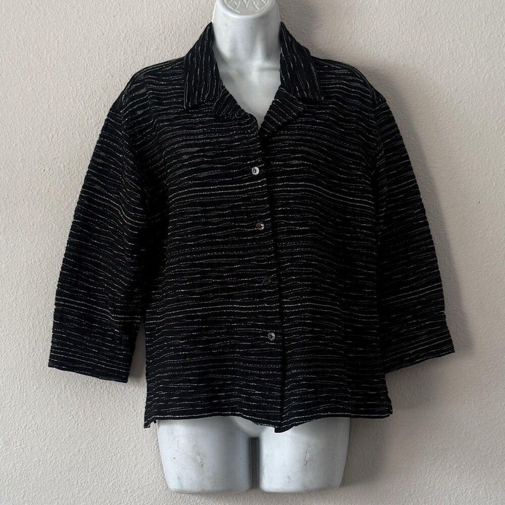 Chico's 1 Design Textured Blouse Women’s Sz M Black Metallic Stripe Art To Wear